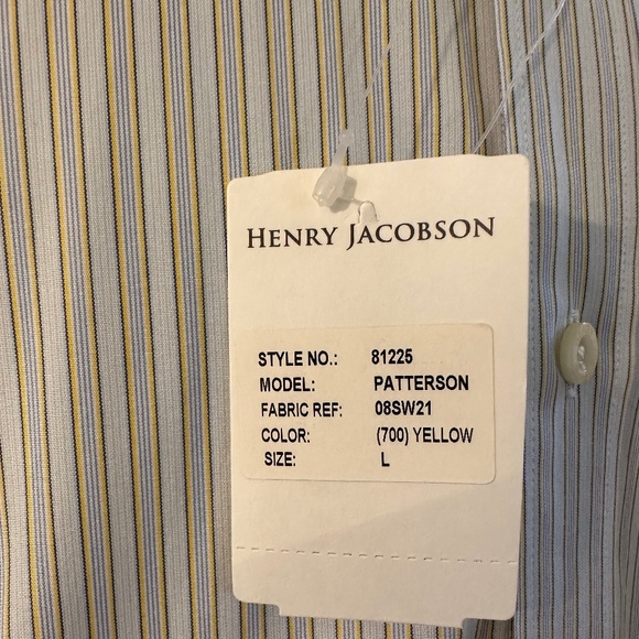 New Henry Jacobson Lg putty/ yellow stripe cotton hidden button down sport shirt - Picture 4 of 6